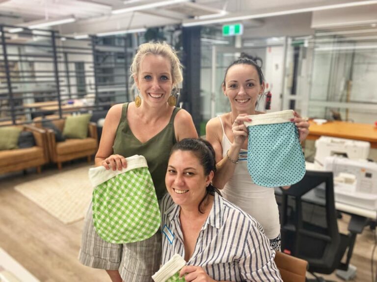 Teagen, with Amanda and Brit at Waterline's bushfire sewing bee