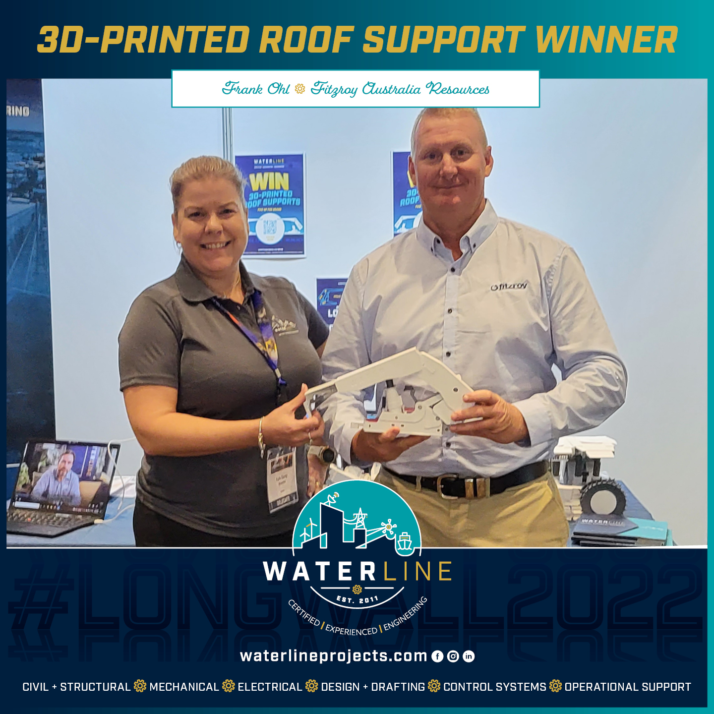 Waterline's Kylie Davey with Frank Ohl from , winner of one of our 3D-printed roof supports