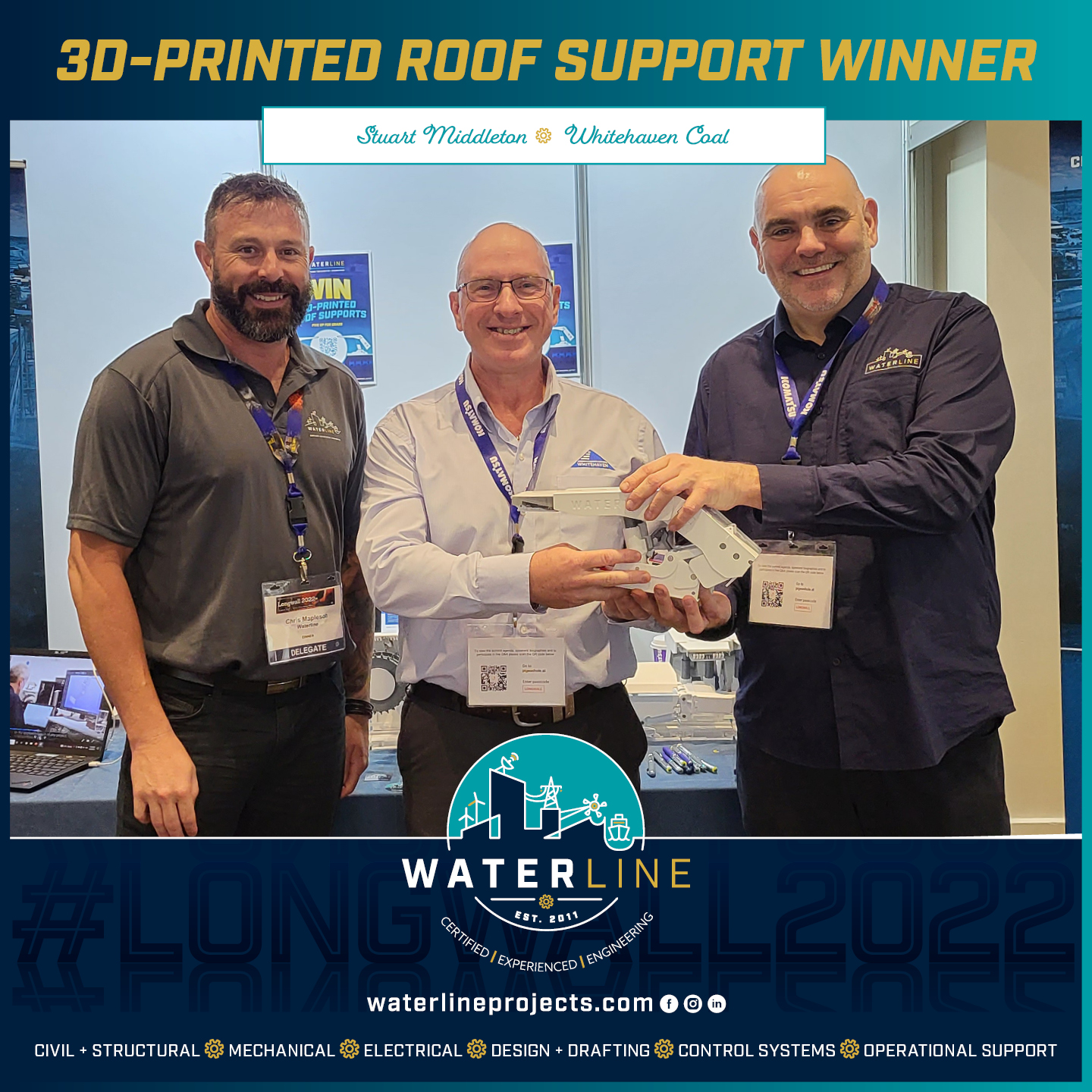 Waterline's Chris Mapleson (L) with Stuart Middleton from Whitehaven Coal, winner of one of our 3D-printed roof supports, and me (Dan Harrison - R)