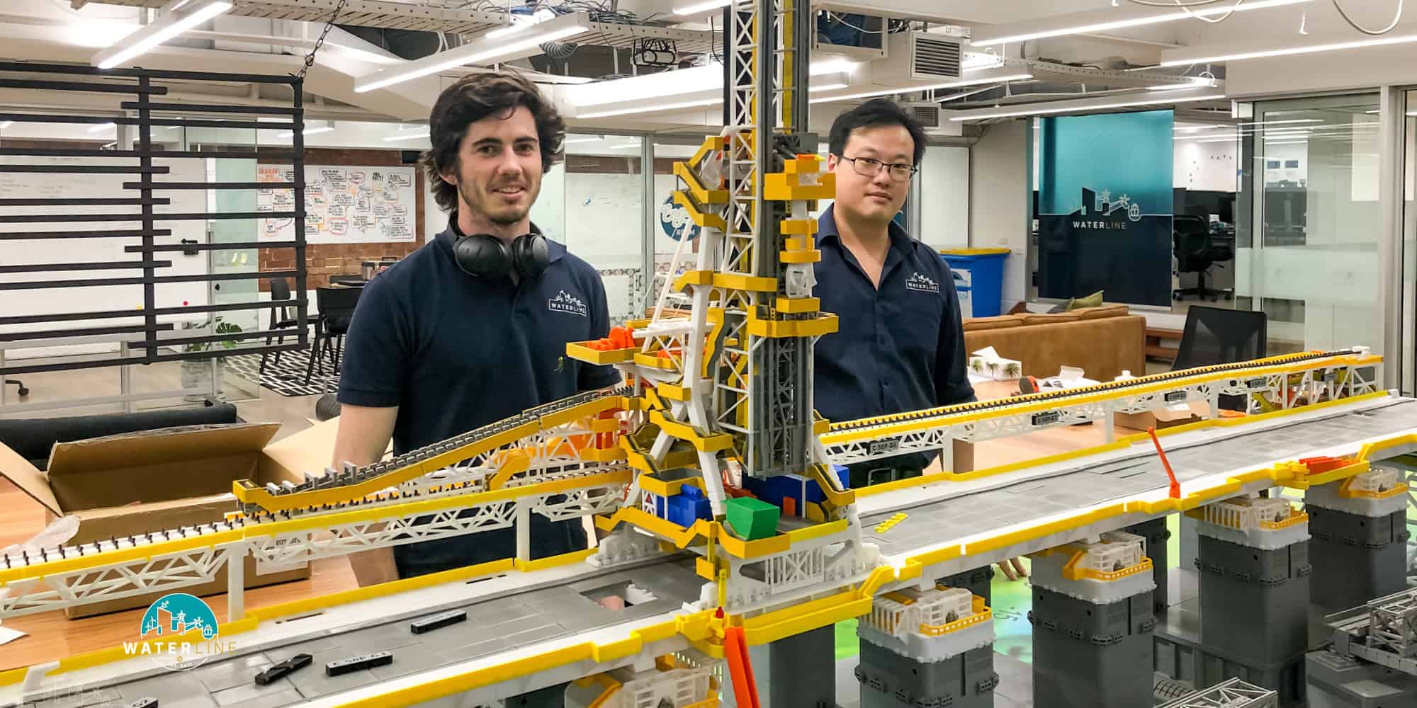 Brenton and Mike during construction of the 3D-printed shiploader and berth